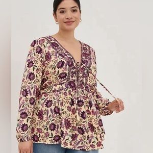 Soft, Shapely, Creamy, Floral Lace Up Blouse with raised embroidery, so pretty